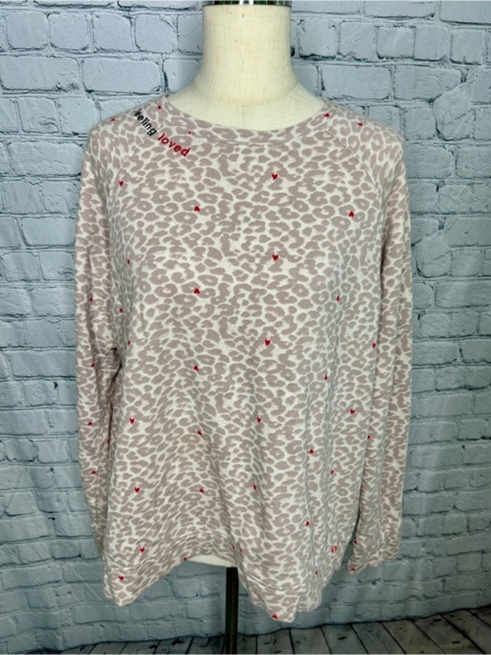 Women's Leopard Print Sweatshirt Small Hearts Feeling Loved Pullover Cozy Top